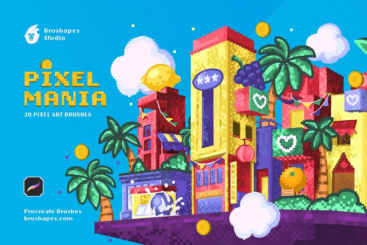 20款复古8位图像素风复古掌上游戏机风格procreate绘画笔刷画笔素材 Pixel Mania Clip Studio Brushes