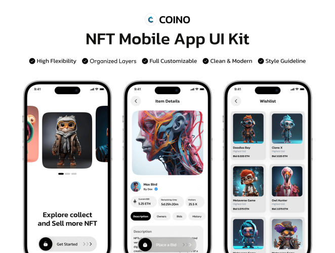 30+屏国外NFT手机用户界面模板app设计UI套件 Coino – NFT App UI Kit