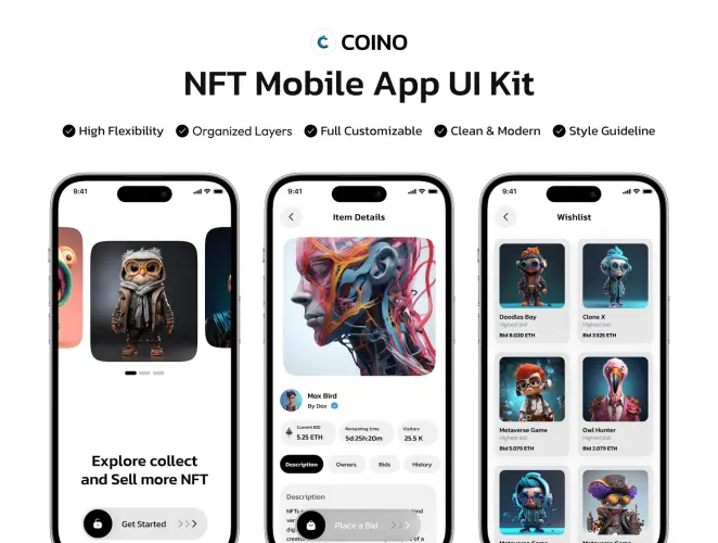 30+屏国外NFT手机用户界面模板app设计UI套件 Coino – NFT App UI Kit