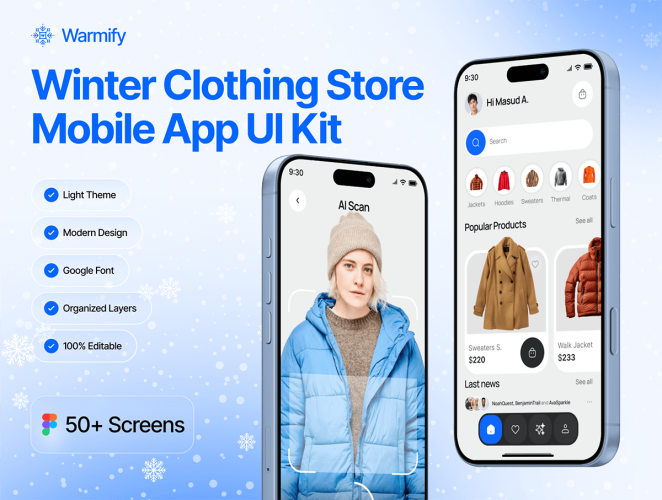 AI选购冬季服装店电子商务移动应用UI套件 Warmify – AI Winter Clothing Store Ecommerce Mobile App UI Kit