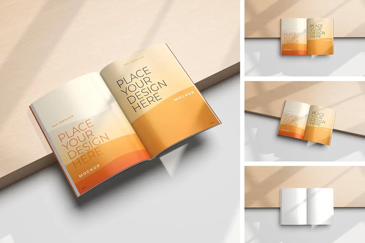3款自然光影杂志模型封面封底内页布局展示设计贴图ps样机素材模板 Book Mockup