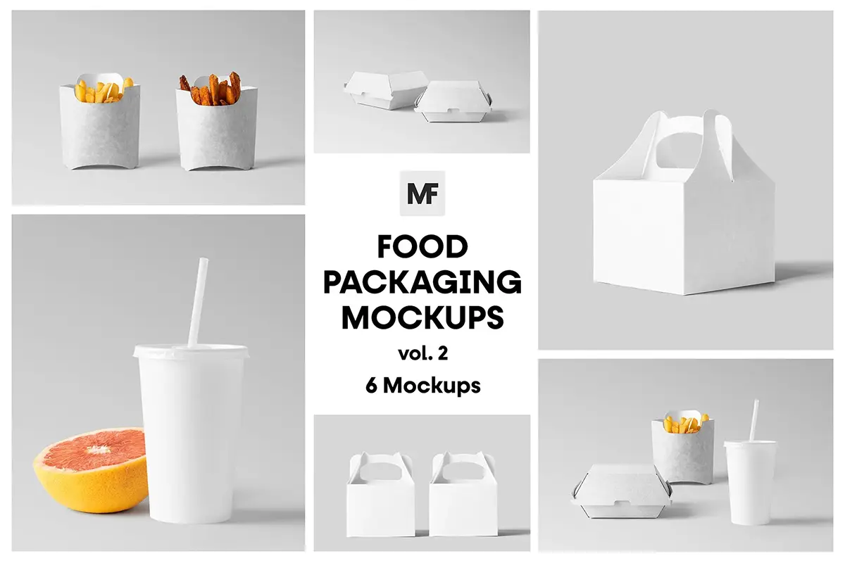 6款汉堡薯条外卖打包盒模型食品快餐品牌包装设计贴图ps样机素材模板 Food Packaging Mockups vol.2