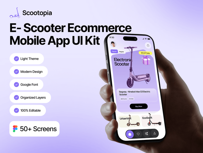 电动滑板车AI e-scooter电子商务移动应用程序UI套件 Scootopia – AI E-Scooter Ecommerce Mobile App UI Kit