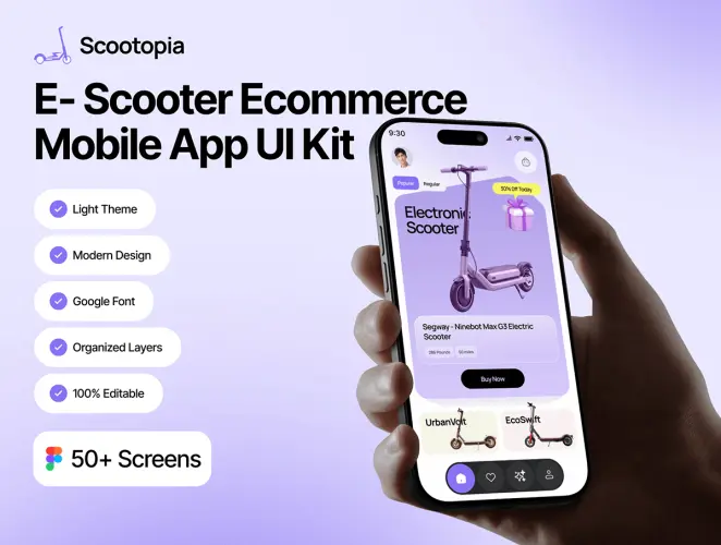 电动滑板车AI e-scooter电子商务移动应用程序UI套件 Scootopia – AI E-Scooter Ecommerce Mobile App UI Kit