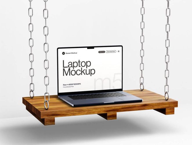 Macbook Pro屏幕模型笔记本电脑网站网页UI设计作品展示效果图ps样机 Macbook Pro Screen Mockup Set on Wooden Swing – 03 Scene