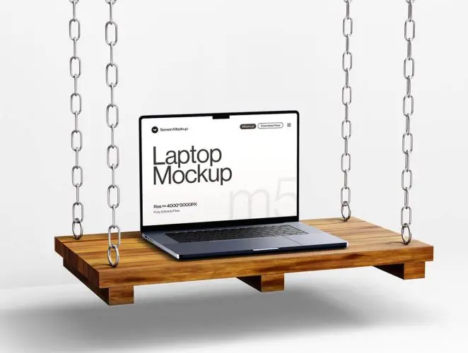 Macbook Pro屏幕模型笔记本电脑网站网页UI设计作品展示效果图ps样机 Macbook Pro Screen Mockup Set on Wooden Swing – 03 Scene