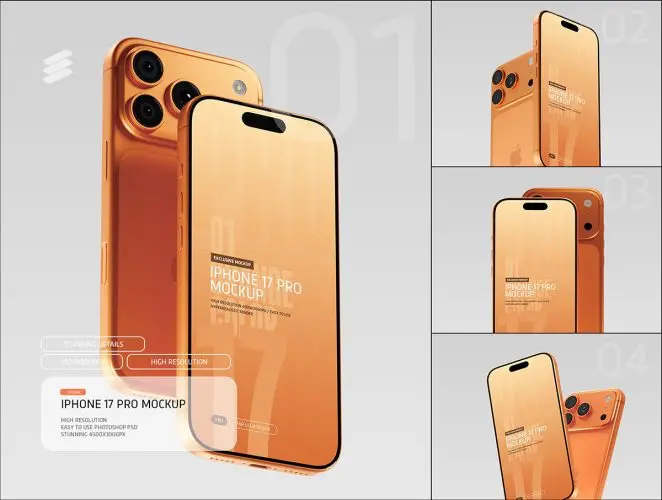 用于UI/UX设计演示的橙色iPhone 17 Pro样机PSD iPhone 17 Pro Mockup PSD – Orange Color