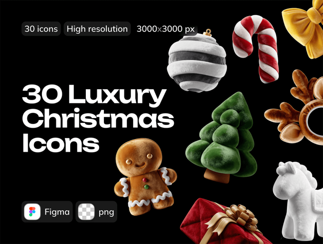 30款适用于APP网页和社交媒体的圣诞节毛绒玩具3D立体图标icon Figma文件 Christmas 3d Fur Icons