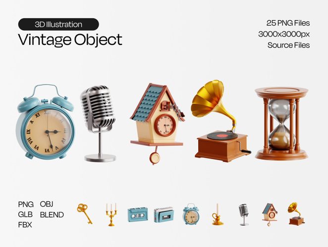 25款家具家电电子产品乐器文具3D图标icon插图设计素材 Vintage Object 3D Icon Set