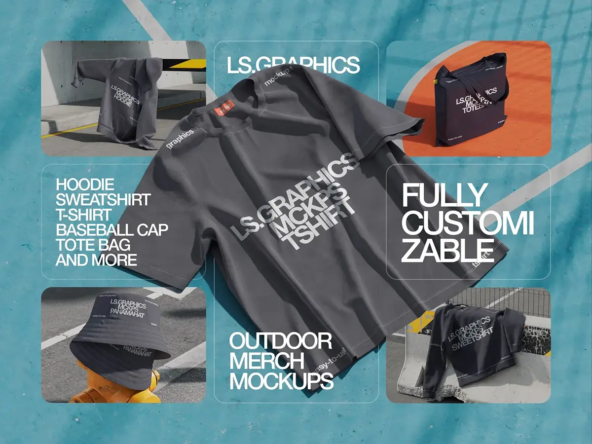 16款T恤卫衣工装帆布包渔夫帽袜子吊牌标签设计展示效果图ps样机 Outdoor Merch Mockups