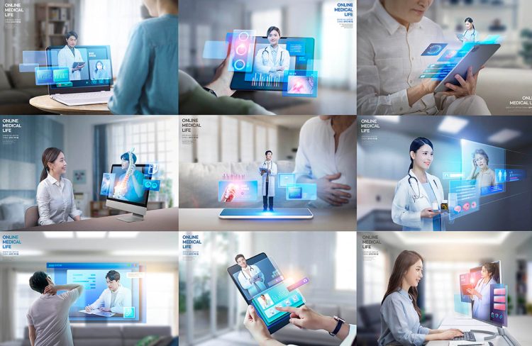数字医疗医生线上体检诊断视频通讯健康海报PSD源文件 Medical Illustration Sets