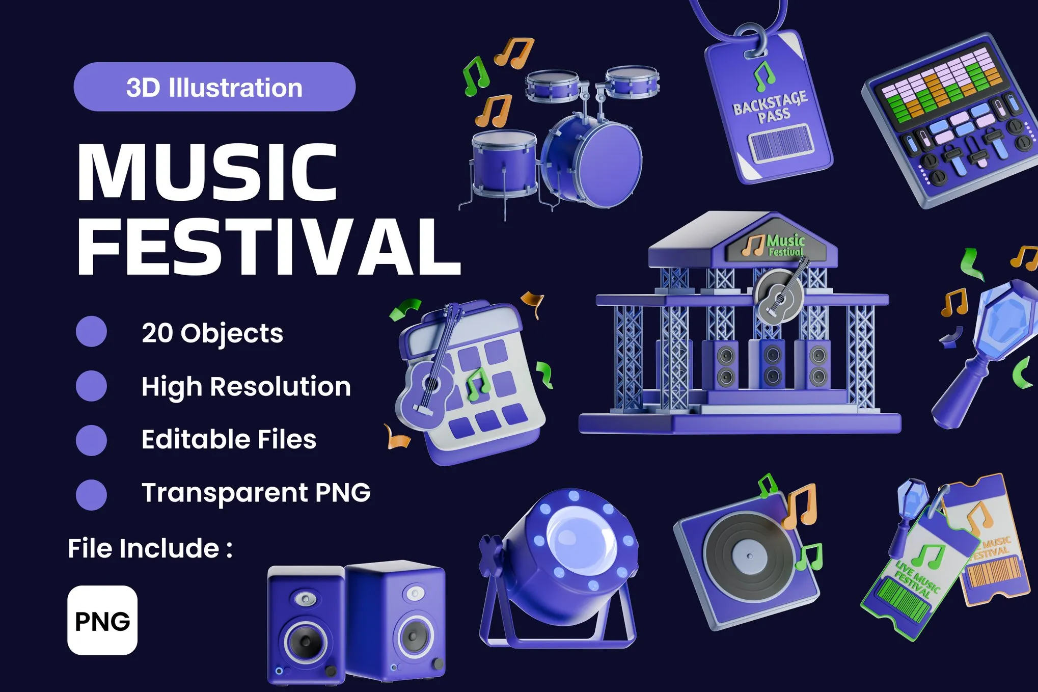 20款音乐节音乐会3D音乐元素图标icon插图png免抠图设计素材 Music Festival 3D Illustration