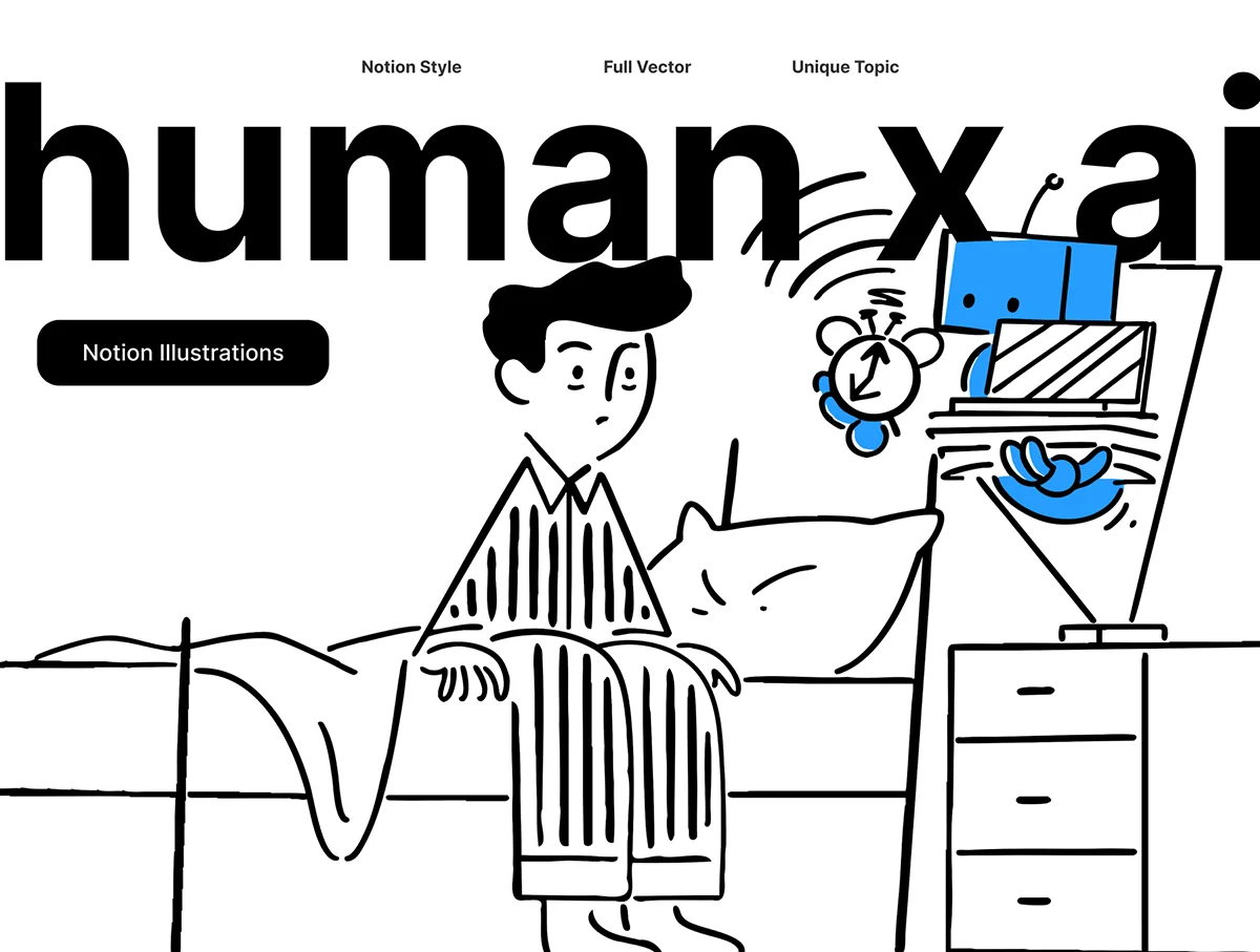 25款AI人工智能人机交互机器人科技简约线稿手绘插画矢量设计素材 Notion Style Human & AI Illustrations