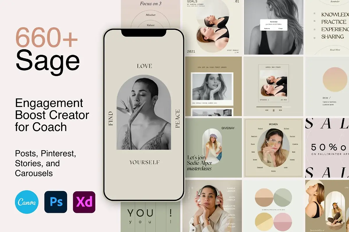 时尚简约莫兰迪色ins公众号品牌故事播客帖子推文排版设计ps模版 Engagement Boost Creator for Coaches