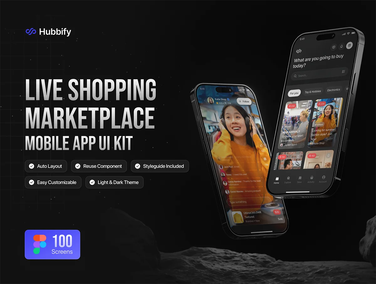 在线直播带货实时购物市场移动应用UI工具包 Live Shopping Marketplace Mobile App UI Kit – Hubbify