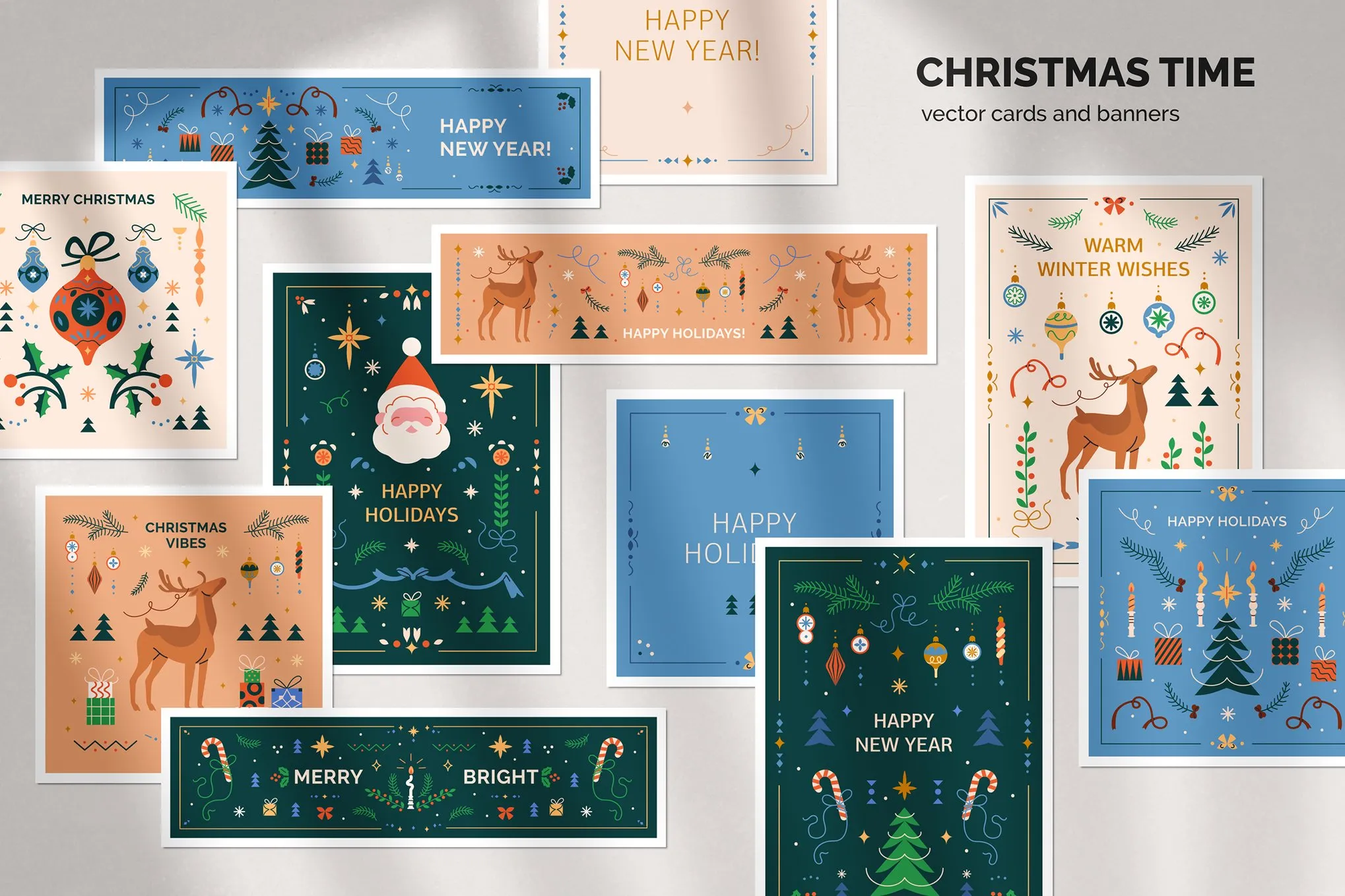 时尚扁平化圣诞节新年贺卡横幅海报手绘插图插画ai矢量设计素材 Christmas Cards Banners Posters Set