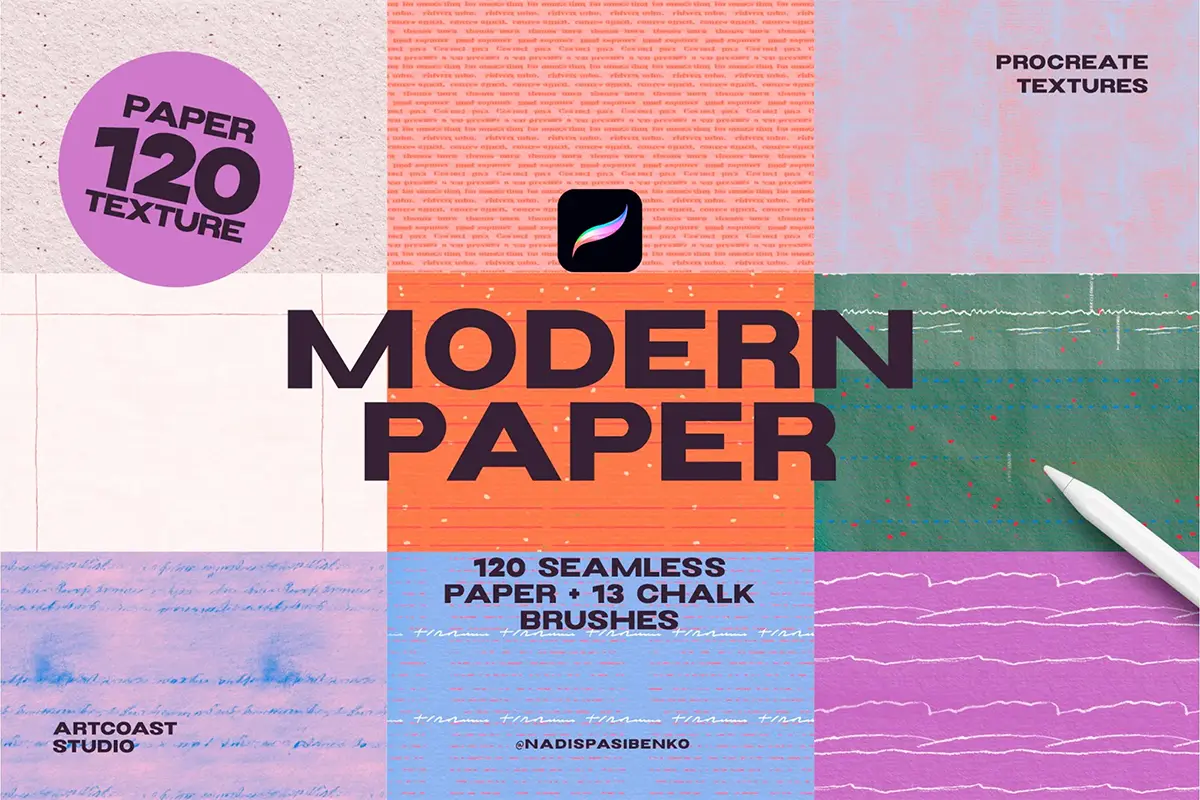 120款手作无缝拼接复古日记手帐艺术纸纹肌理Procreate笔刷素材 Modern Paper – Procreate Textures