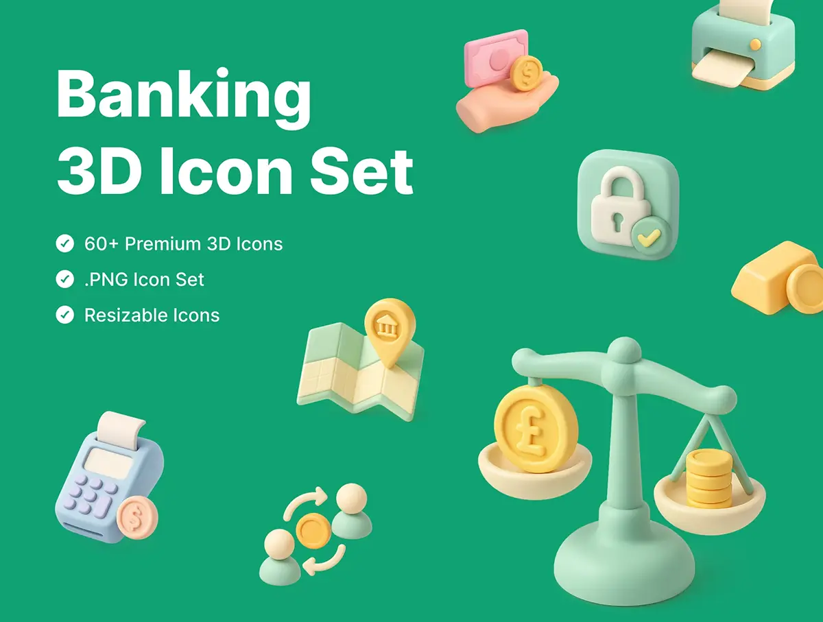 60+款柔软粘土风格银行金融业3D图标icon合集png免抠图设计素材 Banking 3D Icon Set
