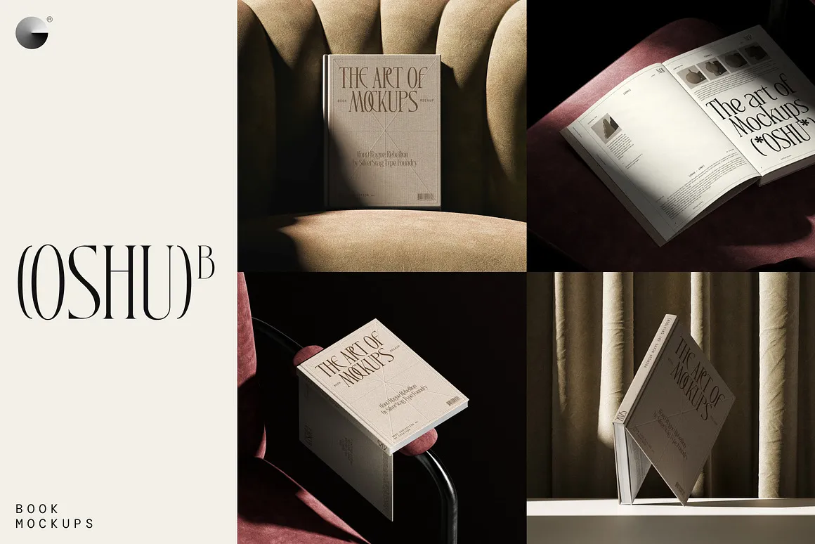 63款硬面精装书籍装帧封面排版设计时尚优雅文艺光影展示效果图ps样机 Book mockups V2 (63 PSD)