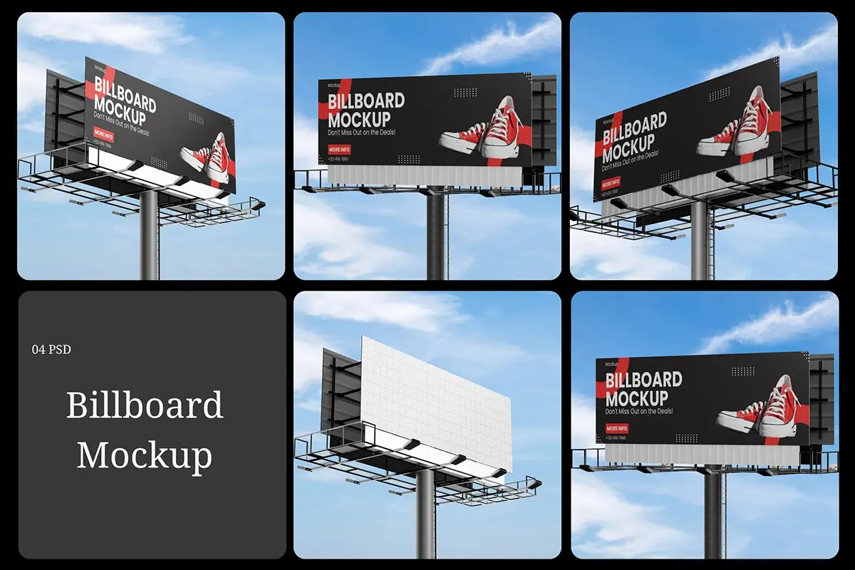 4款巨幅高炮广告牌模型展示设计贴图ps样机素材模板 Billboard Mockup
