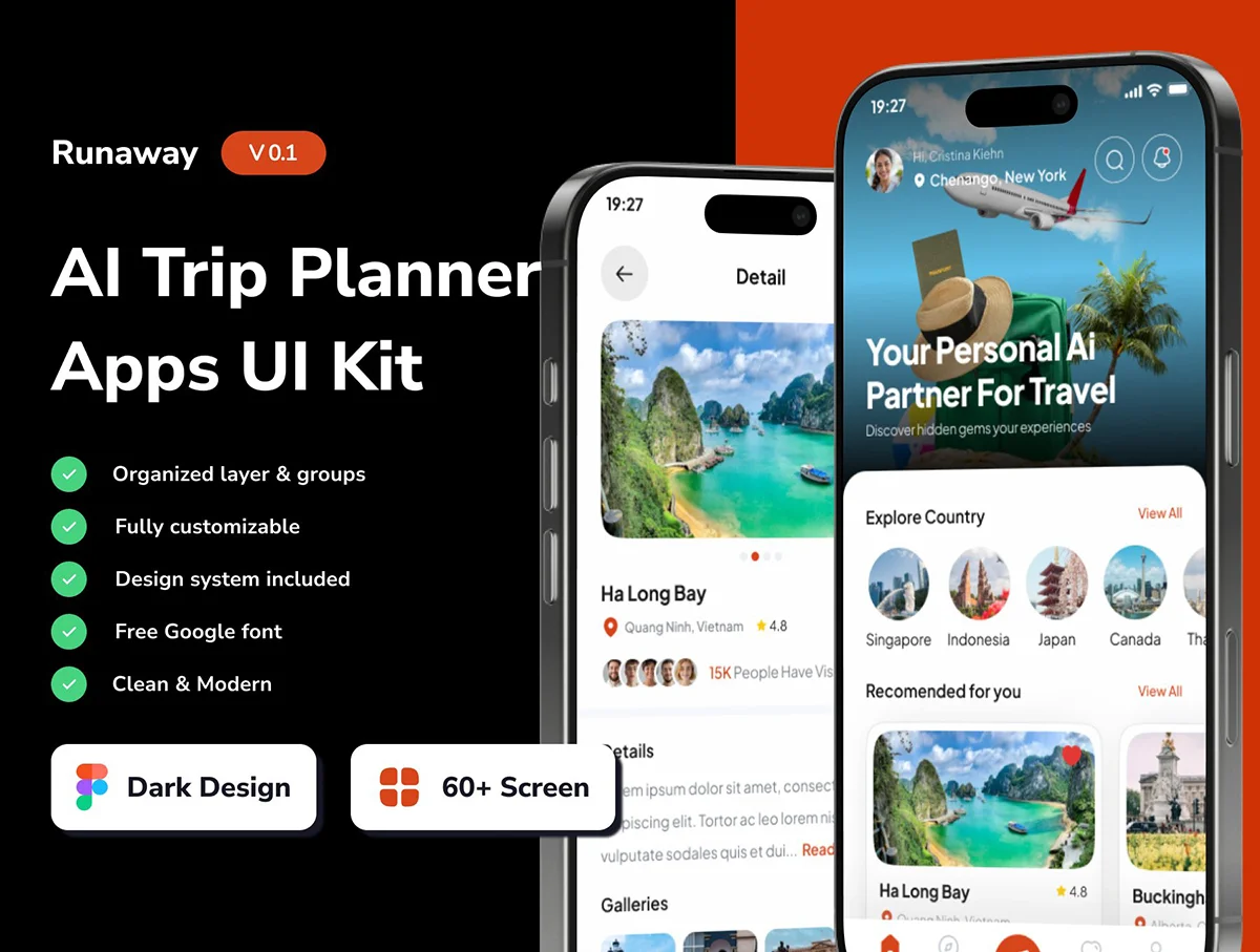 AI旅行计划器移动应用程序UI套件 Runaway – AI Trip Planner Mobile App UI Kits