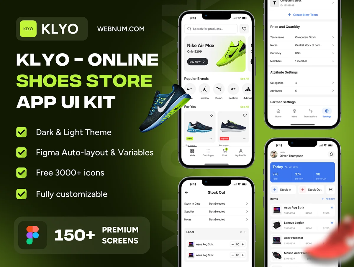 150+屏在线鞋商店网上鞋城应用程序Ui套件 KLYO – Online Shoes Store App Ui Kit
