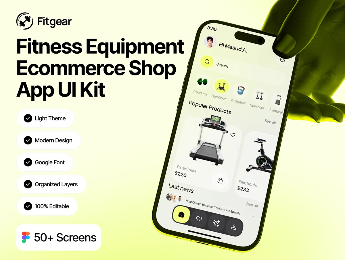 AI健身器材电子商务商店应用程序UI套件 Fitgear – AI Fitness Equipment Ecommerce Shop App UI Kit