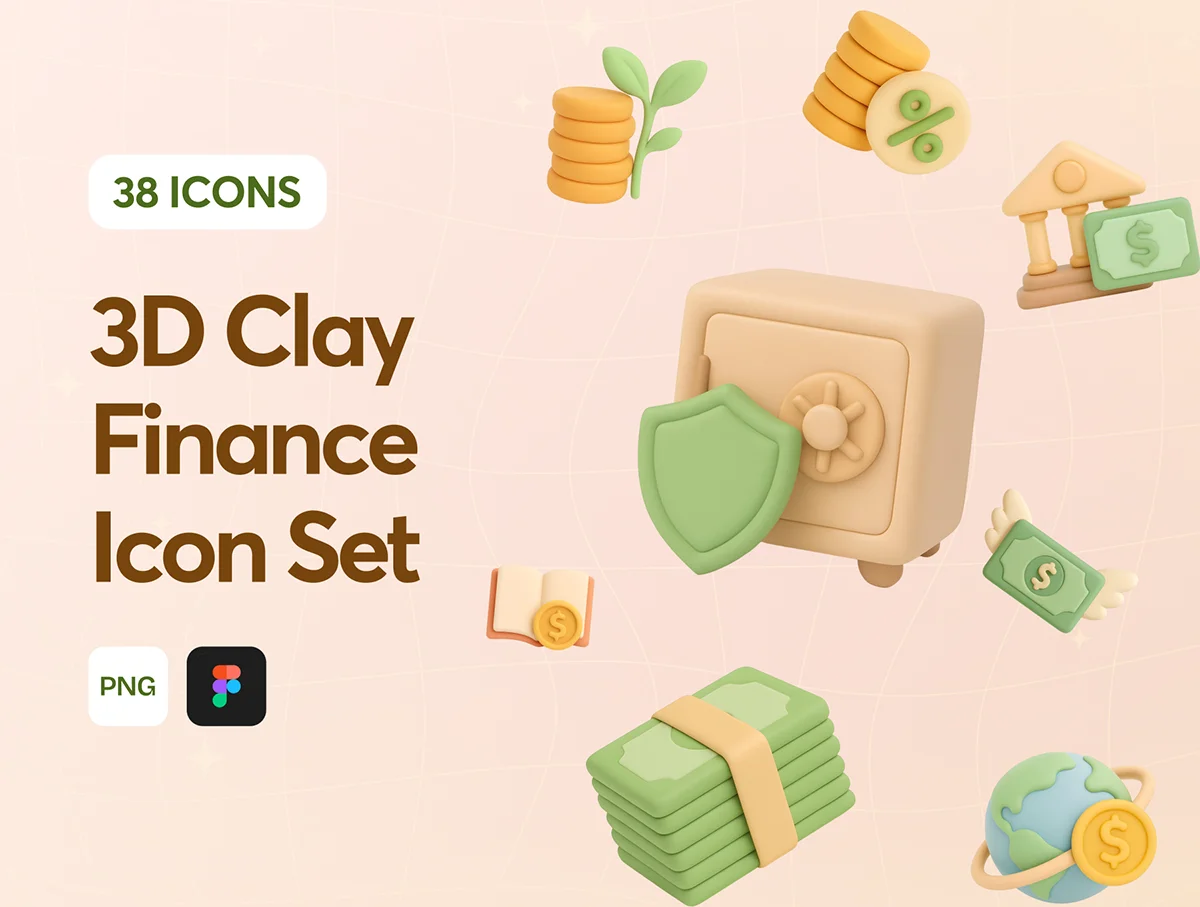 38款粘土风格金融财务3D图标icon集Figma源文件 3D Clay Finance Icon Set