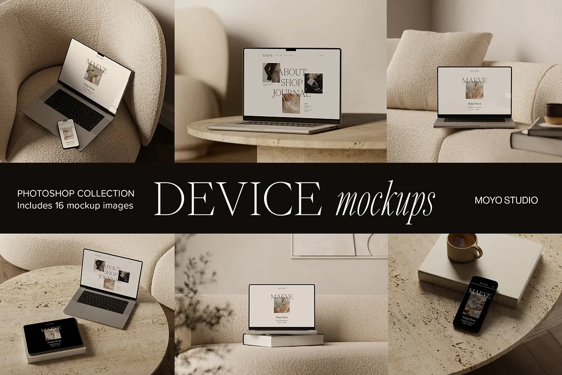 16款居家侘寂风iPhone手机iPad平板Macbook笔记本电脑ps样机 16 MacBook, iPhone, iPad Mockups