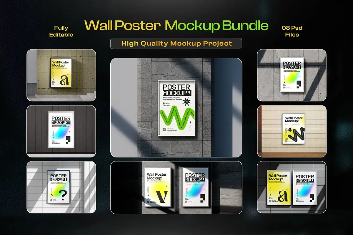 8款户外墙面海报广告框架边框模型展示设计贴图ps样机素材模板 Wall Poster Mockup Set