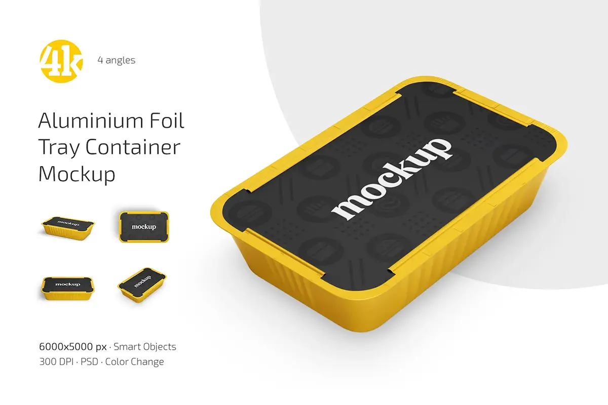 4款铝箔食品外卖包装餐盒模型品牌标识印花图案设计贴图ps样机素材模板 Aluminium Foil Tray Container Mockup Set