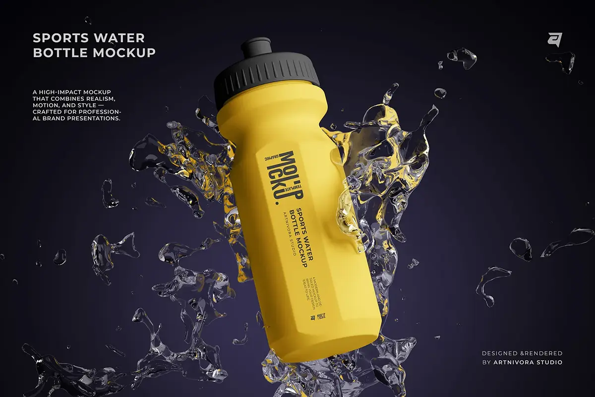 2款被水花包围的运动水壶模型品牌包装印花图案设计贴图ps样机素材模板 Sports Water Bottle Mockup