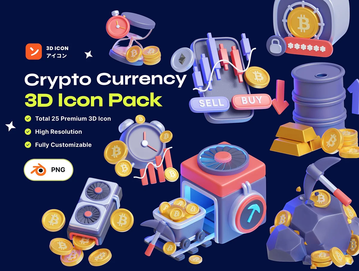 高品质加密货币和区块链3D图标包 Crypto Currency & Blockchain 3D Icon Pack