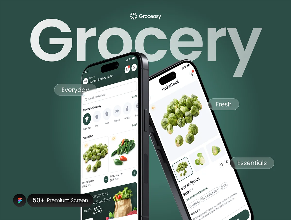 50+屏线上买菜生鲜外卖杂货店市场UI工具包 Groceasy – Grocery Mobile App