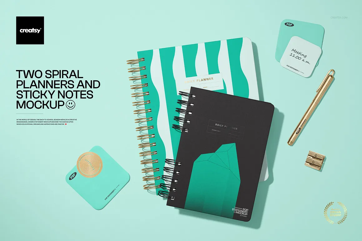 笔记簿便利贴钢笔文具模型品牌标识印花图案设计贴图ps样机素材模板 Spiral Planners Sticky Notes Mockup