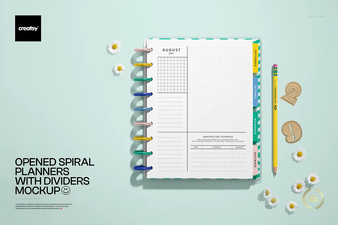 记事笔记簿铅笔文具模型展示设计贴图ps样机素材模板 Open Spiral Planner Dividers Mockup