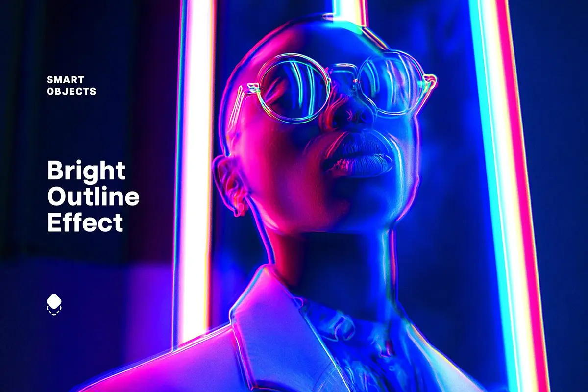 潮流未来科幻电光线迷幻光轨轮廓霓虹渐变人像后期ps特效样机模板 Bright Outline Photo Effect