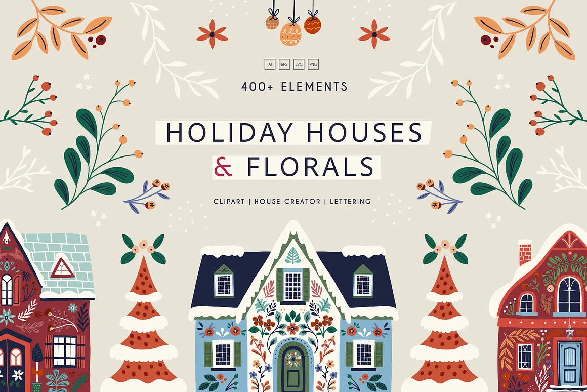 北欧冬季圣诞节新年房屋建筑花卉植物手绘插图插画ai矢量设计素材 Holiday houses & florals clipart