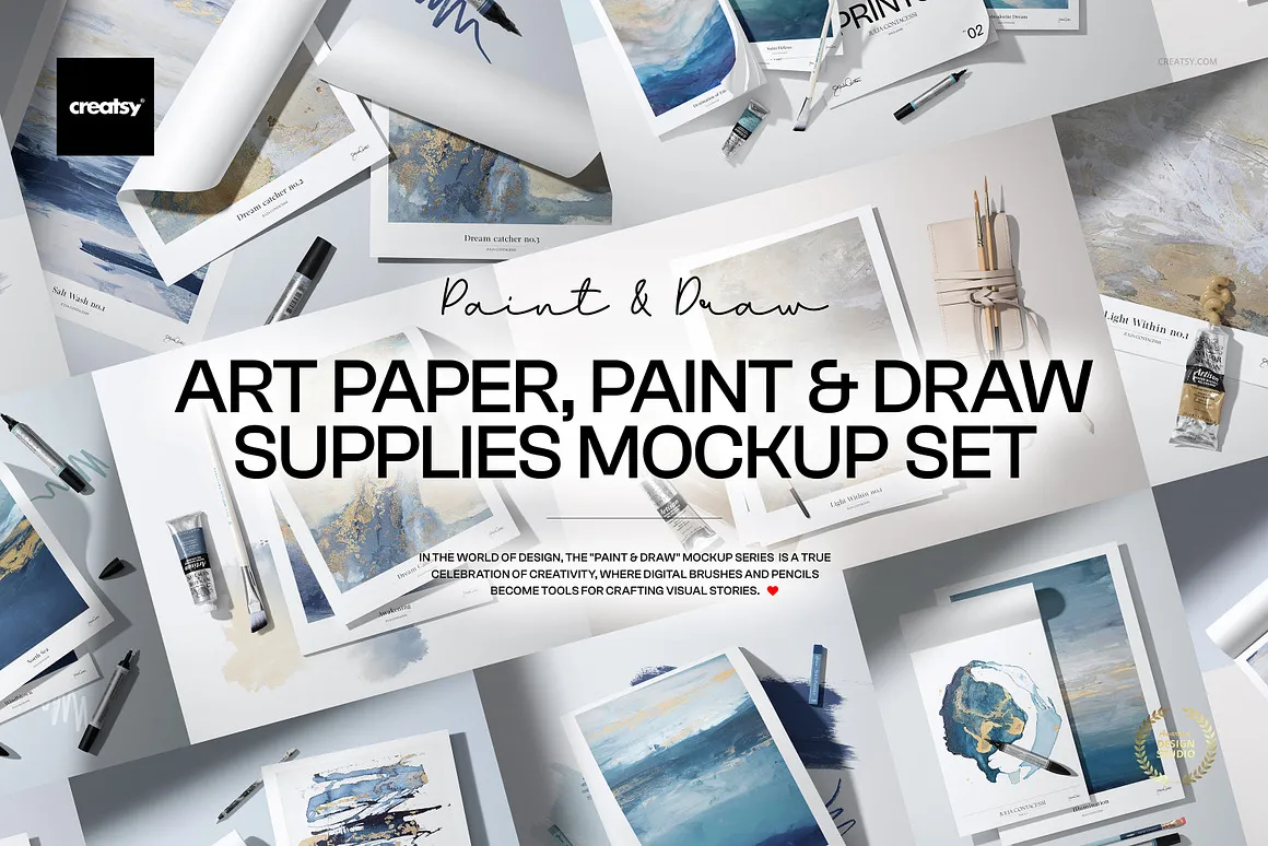 15款手绘油画绘画颜料画笔画布素描手稿艺术作品展示效果图ps样机 Art Paper Paint & Draw Supply Mockup