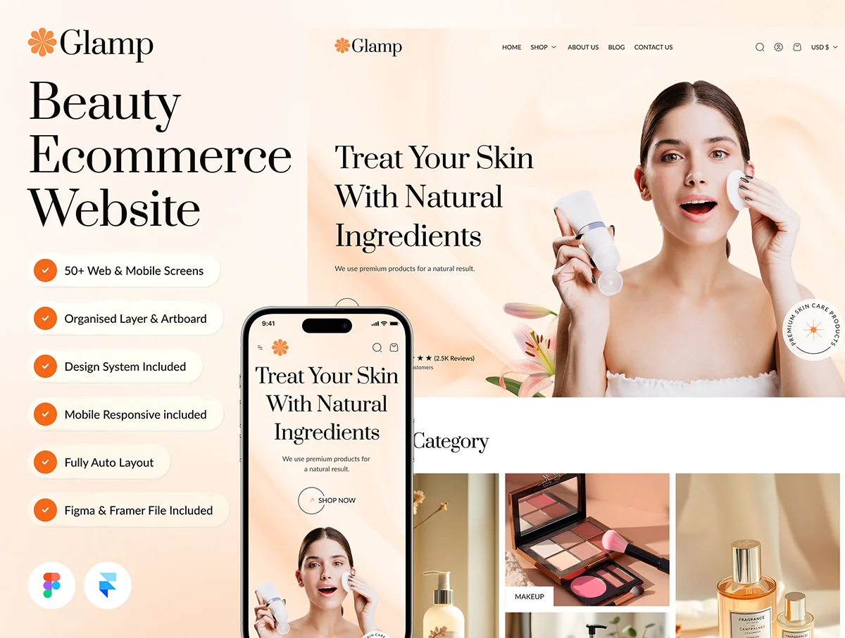 50屏美容美妆化妆品电商购物平台网站小程序网页ui界面设计模板 Glamp – Beauty Ecommerce Website Framer Template