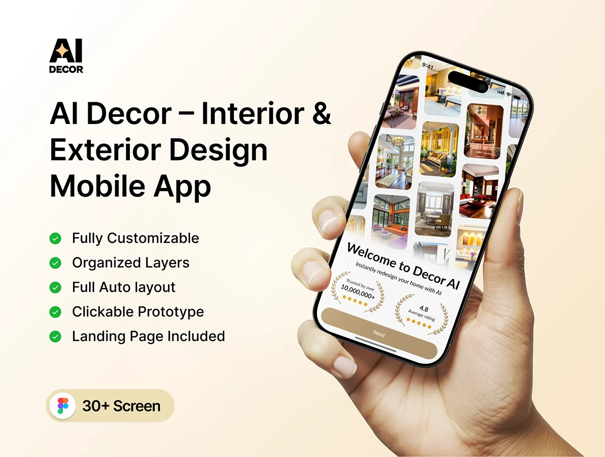 AI装修-内部和外部设计与登陆页面的移动应用程序 AI Decor – Interior & Exterior Design Mobile App with Landing Page