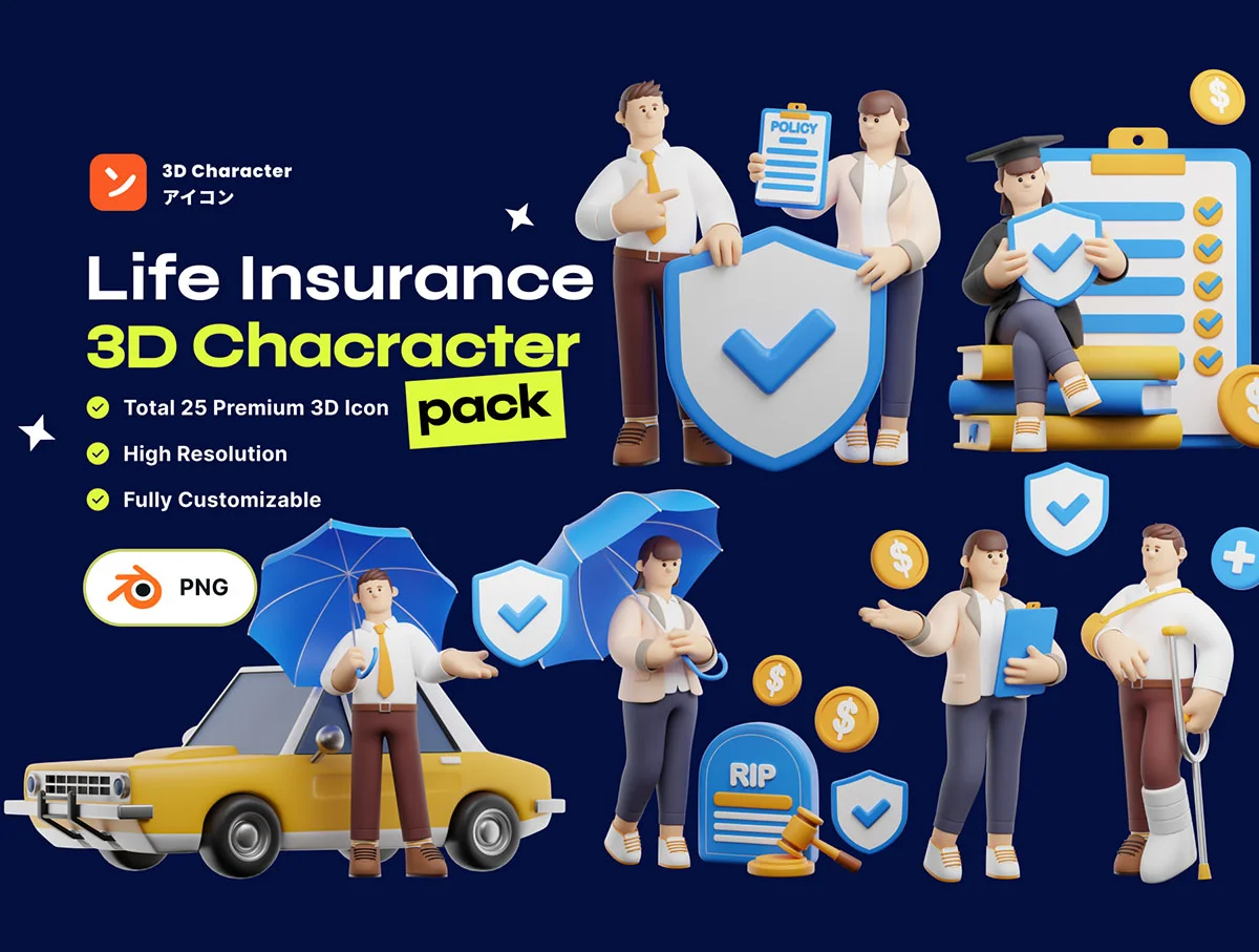 25款金融保险场景商业角色时尚三维立体3D卡通人物形象插画插图设计素材 Life Insurance 3D Character Pack