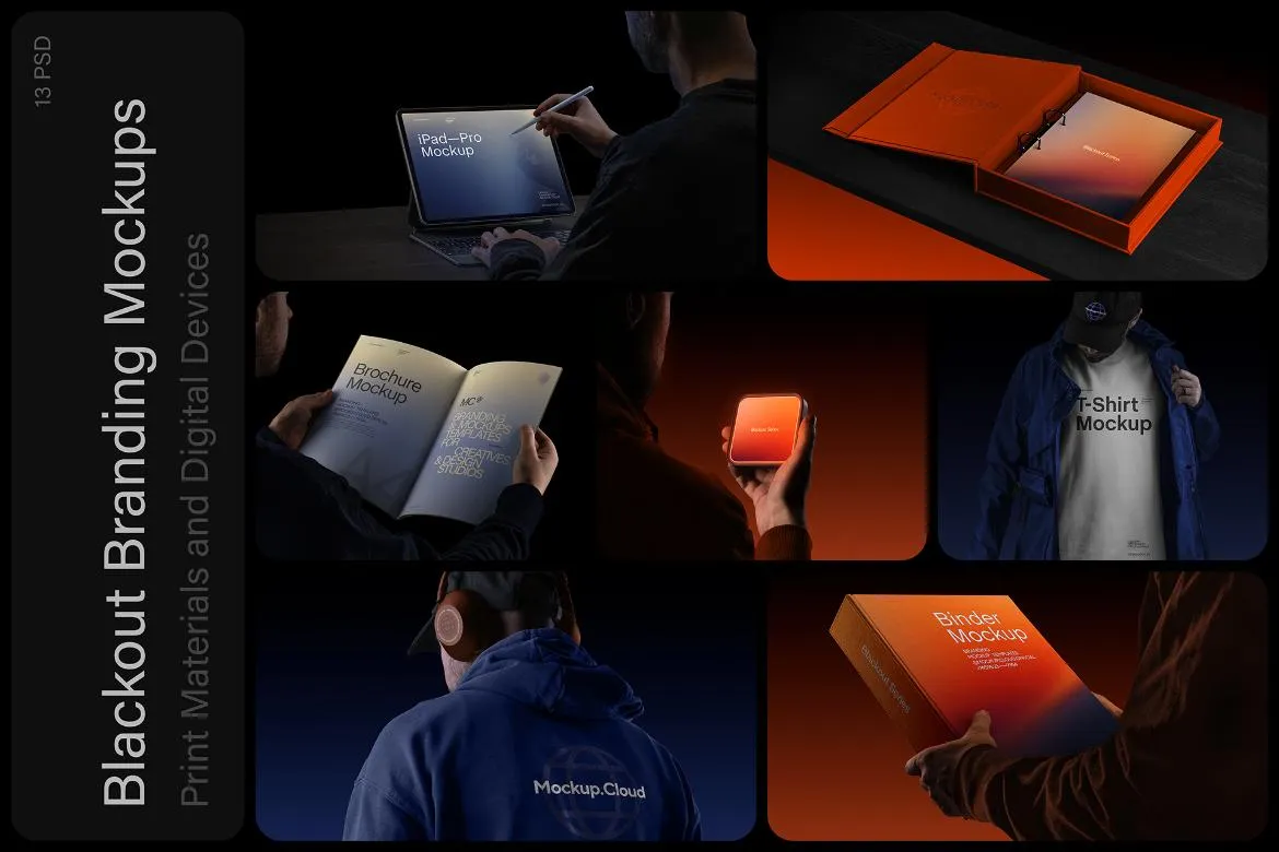 13款弱光科技数码文具服装产品包装VI设计作品展示效果图ps样机 Blackout Branding Mockups Kit