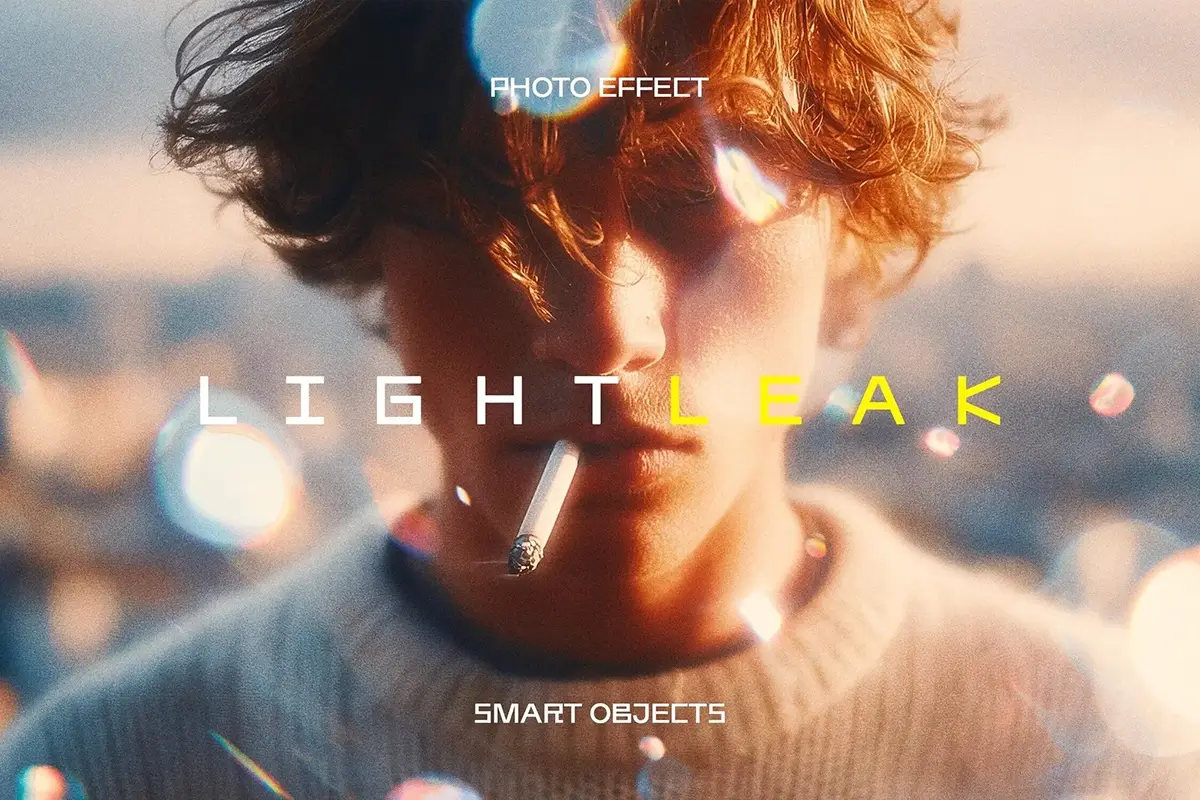 潮流复古胶片梦幻散景光斑漏光浪漫艺术人像后期ps特效样机模板 Bokeh Light Leaks Photo Effect