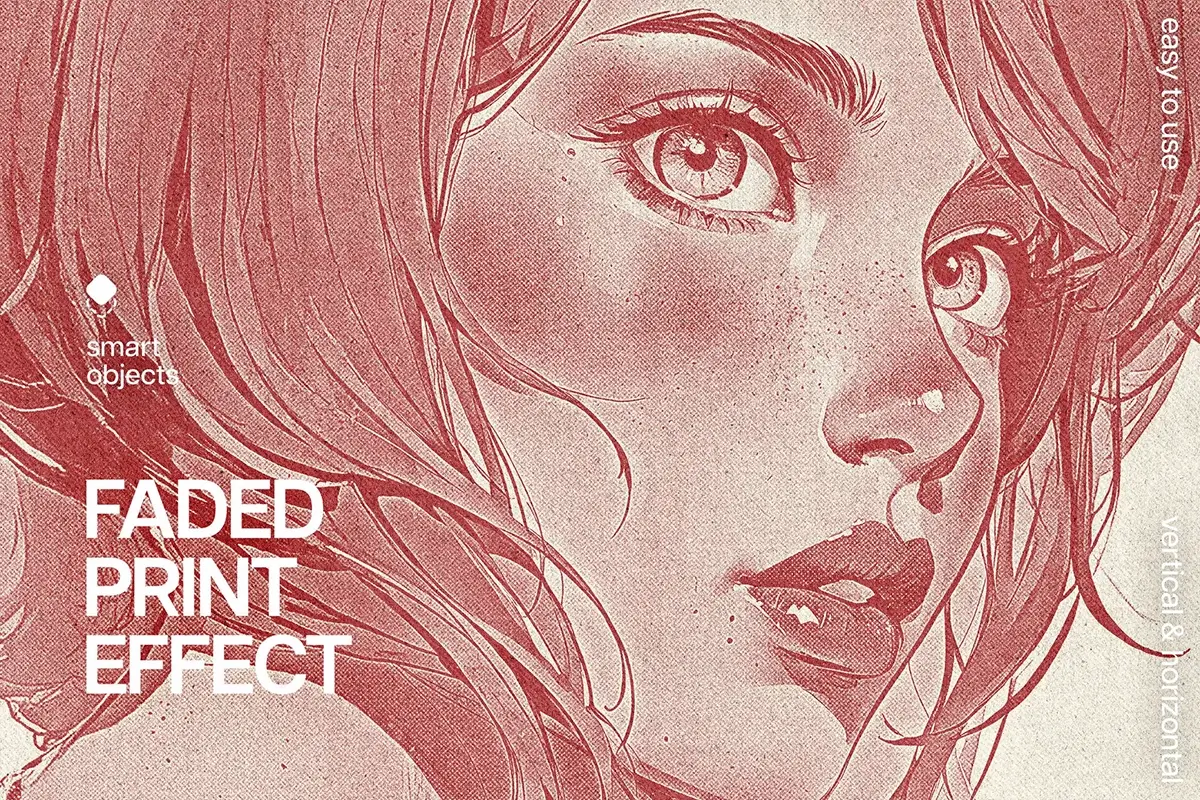 潮流单色怀旧复古褪色粗糙做旧肌理动漫插画后期ps特效样机模板 Faded Print Photo Effect