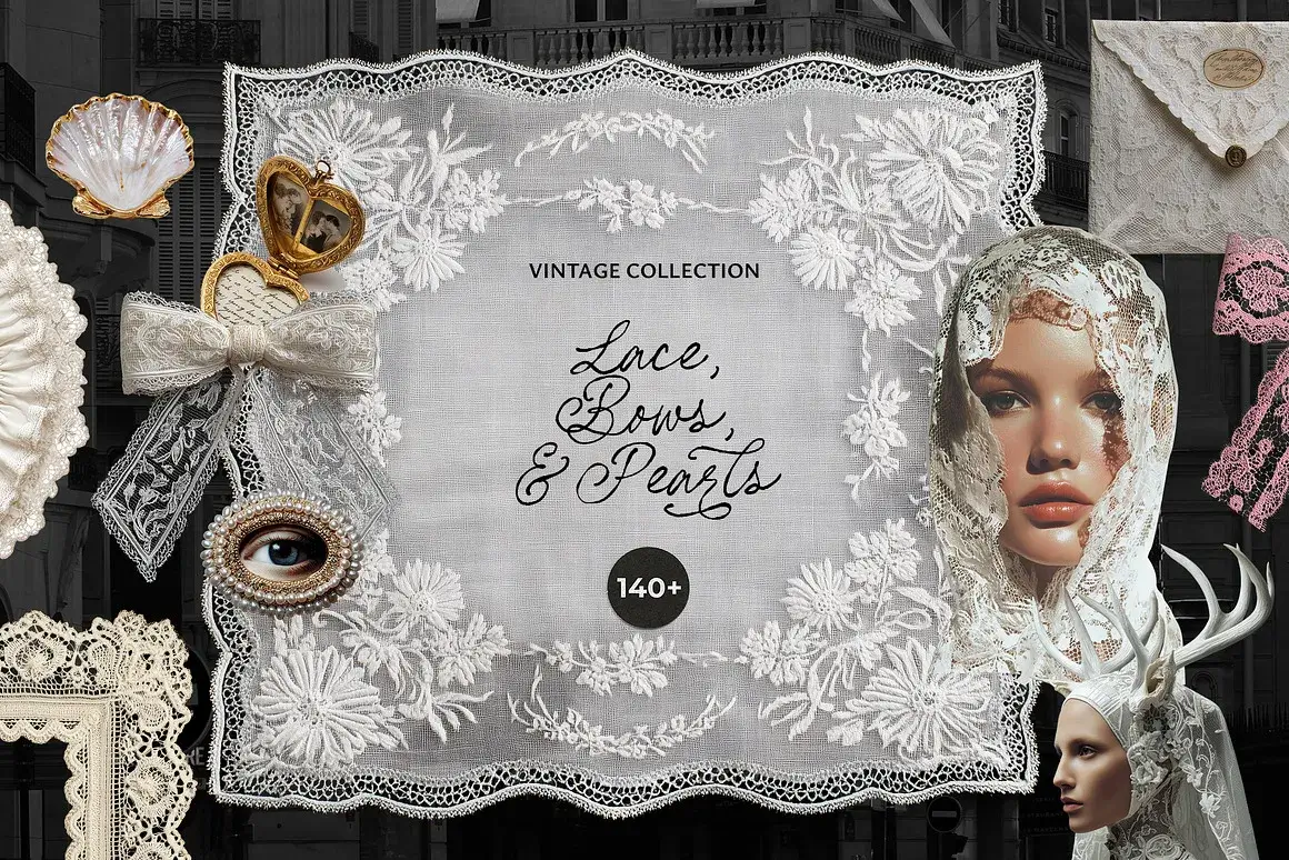 140款欧式复古宫廷婚礼蕾丝相框花边蝴蝶结拼贴png免抠图片素材 Vintage Lace, Bows & Pearls