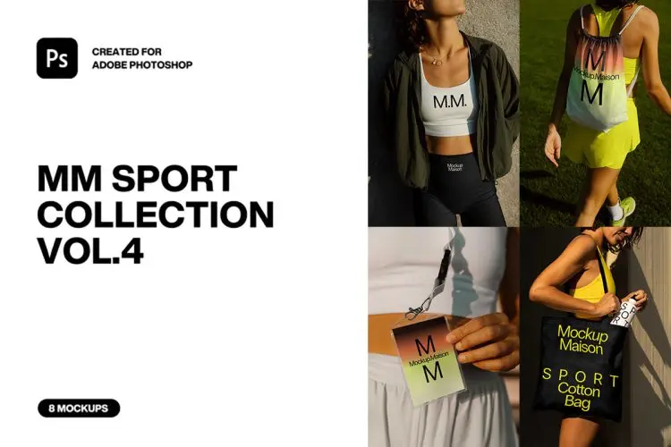 8款户外健身运动内衣模特束口袋T恤吊牌服装穿搭设计ps样机模板 Sport Collection V4