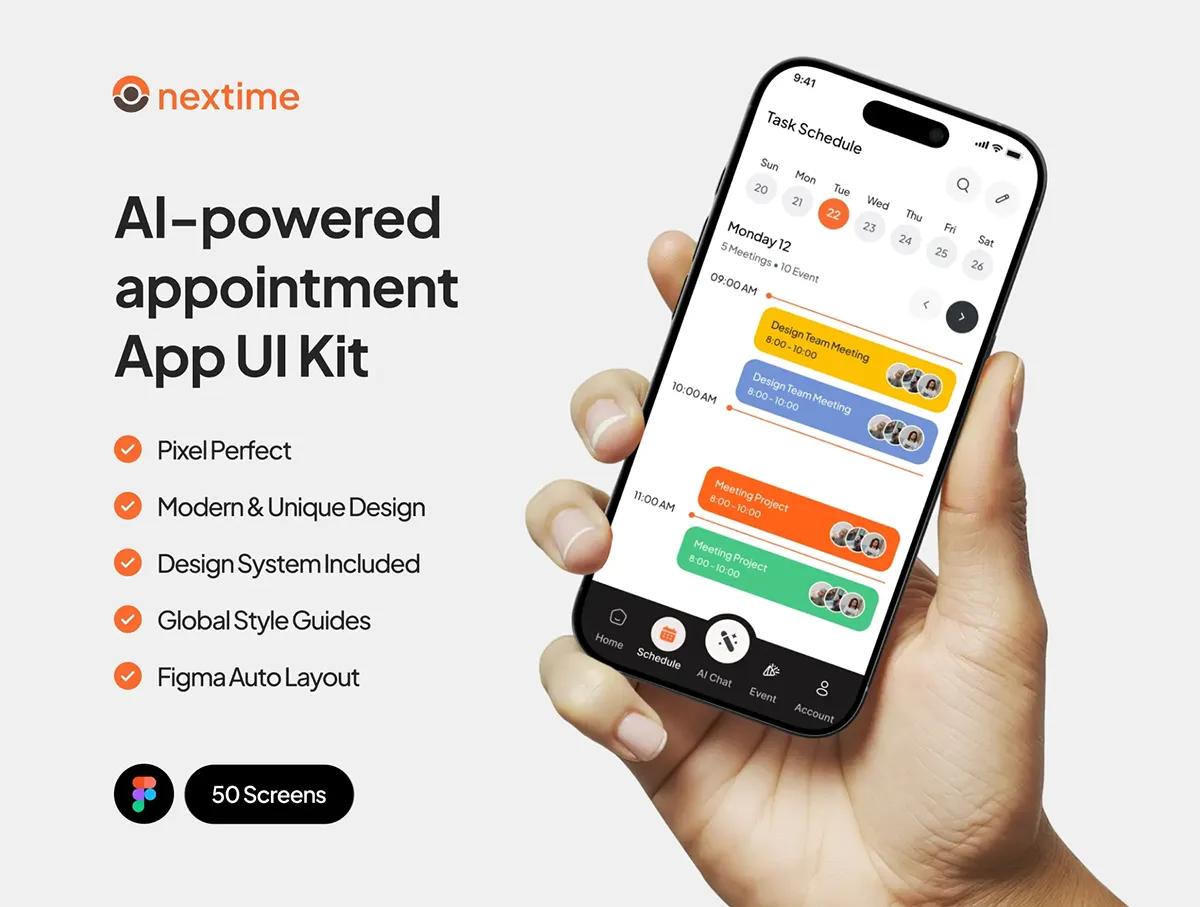 50屏AI人工智能预约管理日程安排效率优化App应用UI界面设计模板 NexTime – AI appontment app
