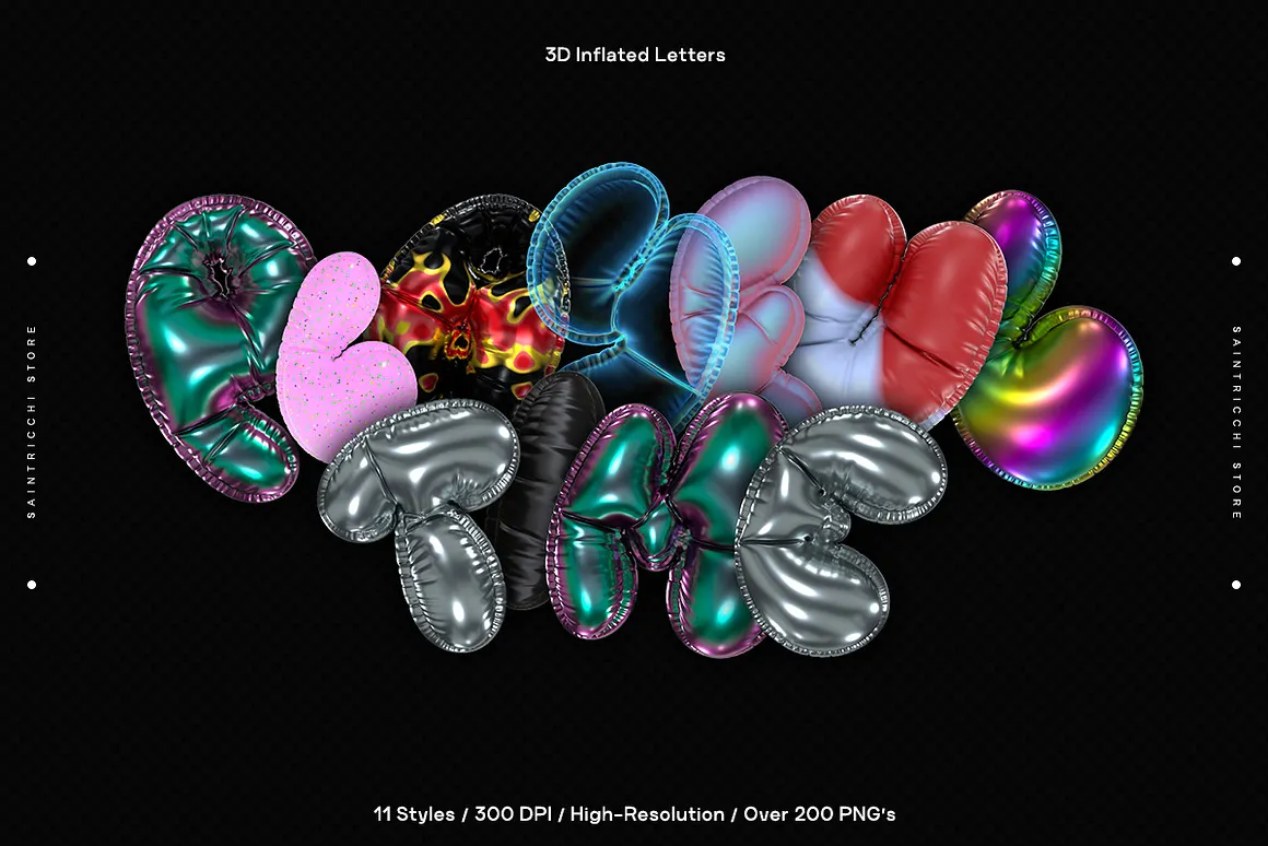 11套潮流时尚3D充气铝箔英文字母派对装饰气球png免抠图片素材 Playful Time – 3D Inflated Letters