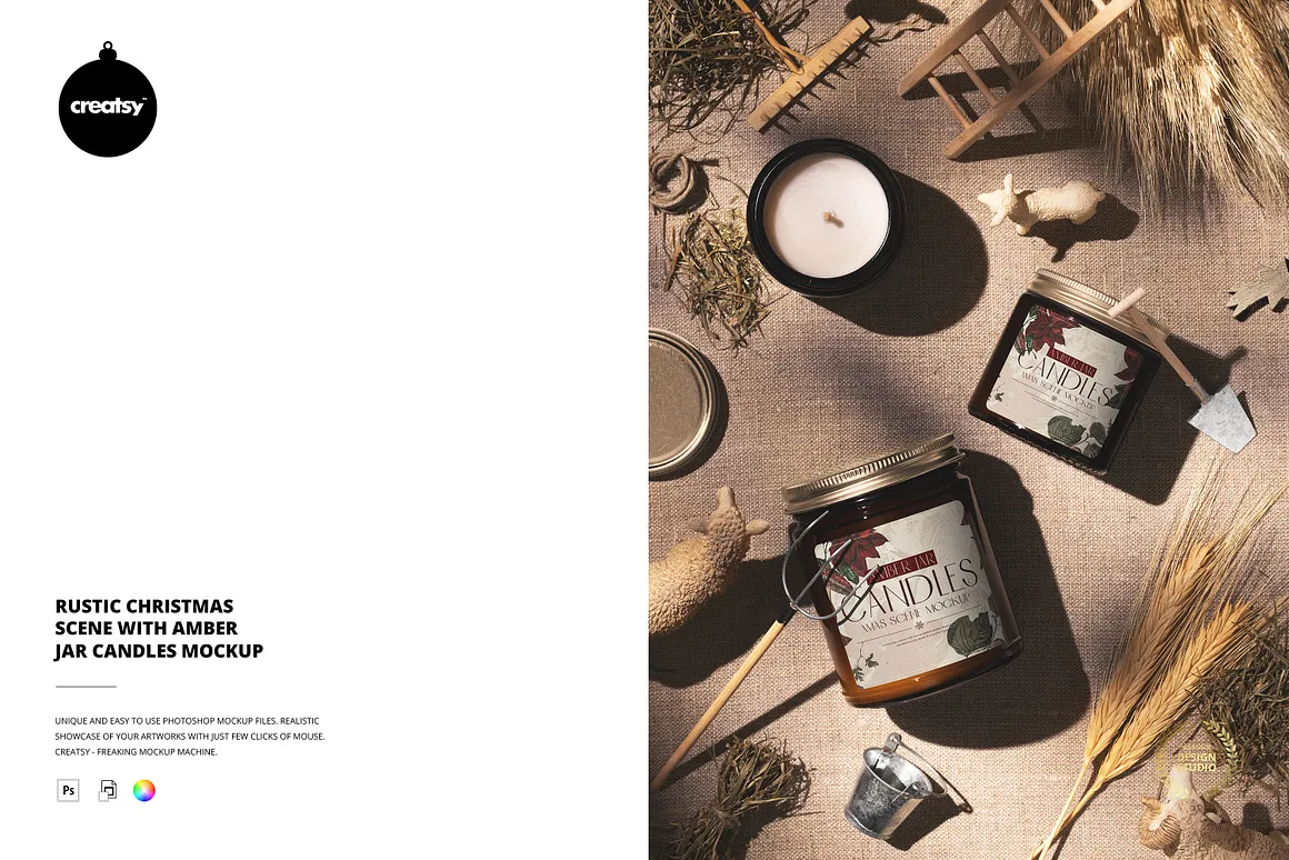 圣诞节蜡烛新年香薰香氛精油标签复古包装设计展示效果图ps样机 Christmas Amber Jar Candles Mockup